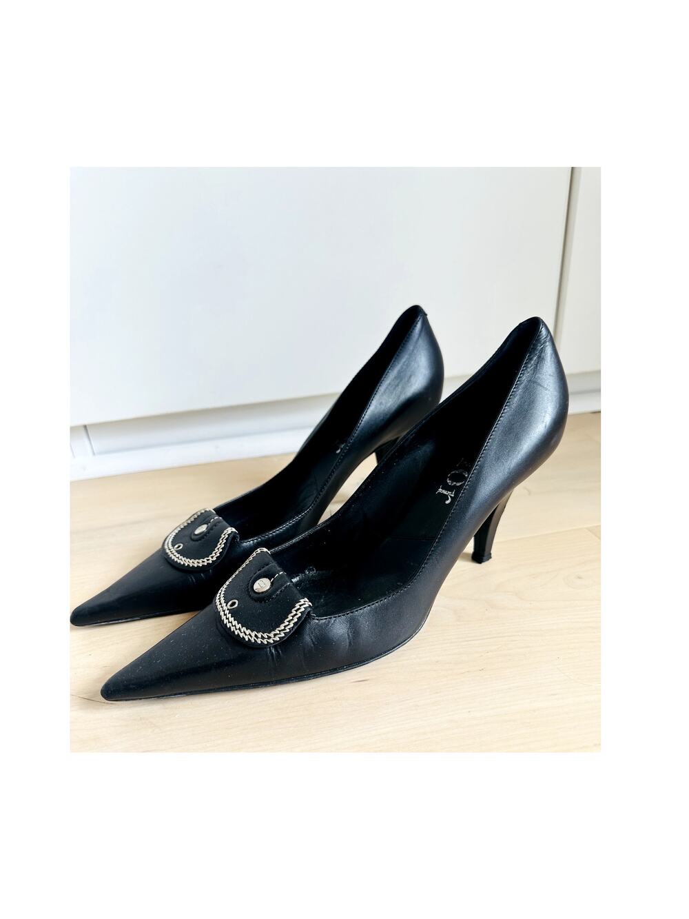Christian Dior Stiletto Black Heels Size 10 Pointed Toe Leather y2k Era Classic